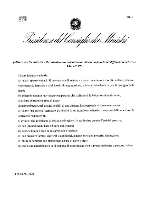 EMERGENZA CORONAVIRUS - Il testo del DPCM del 4 marzo 2020